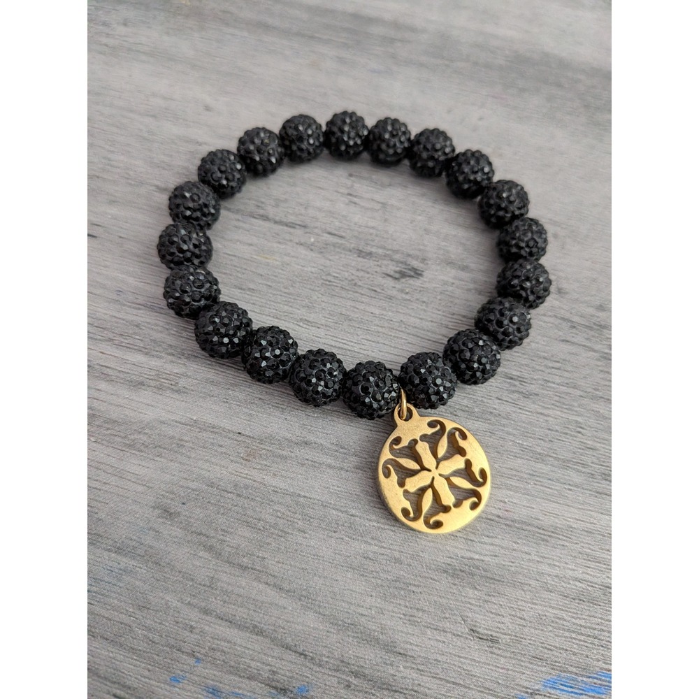 Rustic Cuff Black Disco Bead Stretch Bracelet with Gold Floral Charm Pavé
